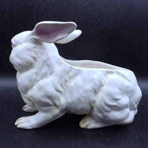 May include: A white ceramic rabbit planter with a hollowed-out back for plants. The bunny has pink accents on the ears and nose. The planter is in a sitting position, with its front paws extended.