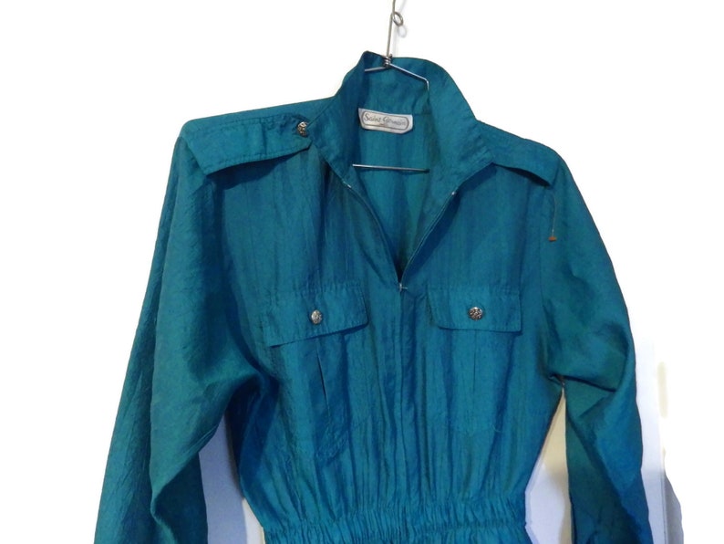 1970s Vintage Jumpsuit Saint Germain Paris Front Zip Epaulets Jade Green Pockets Size image 7