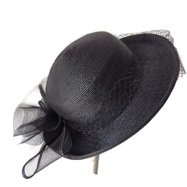 Vintage Ladies Formal Hat/ Black Straw/ Veil/Bow/ Upturned Brim
