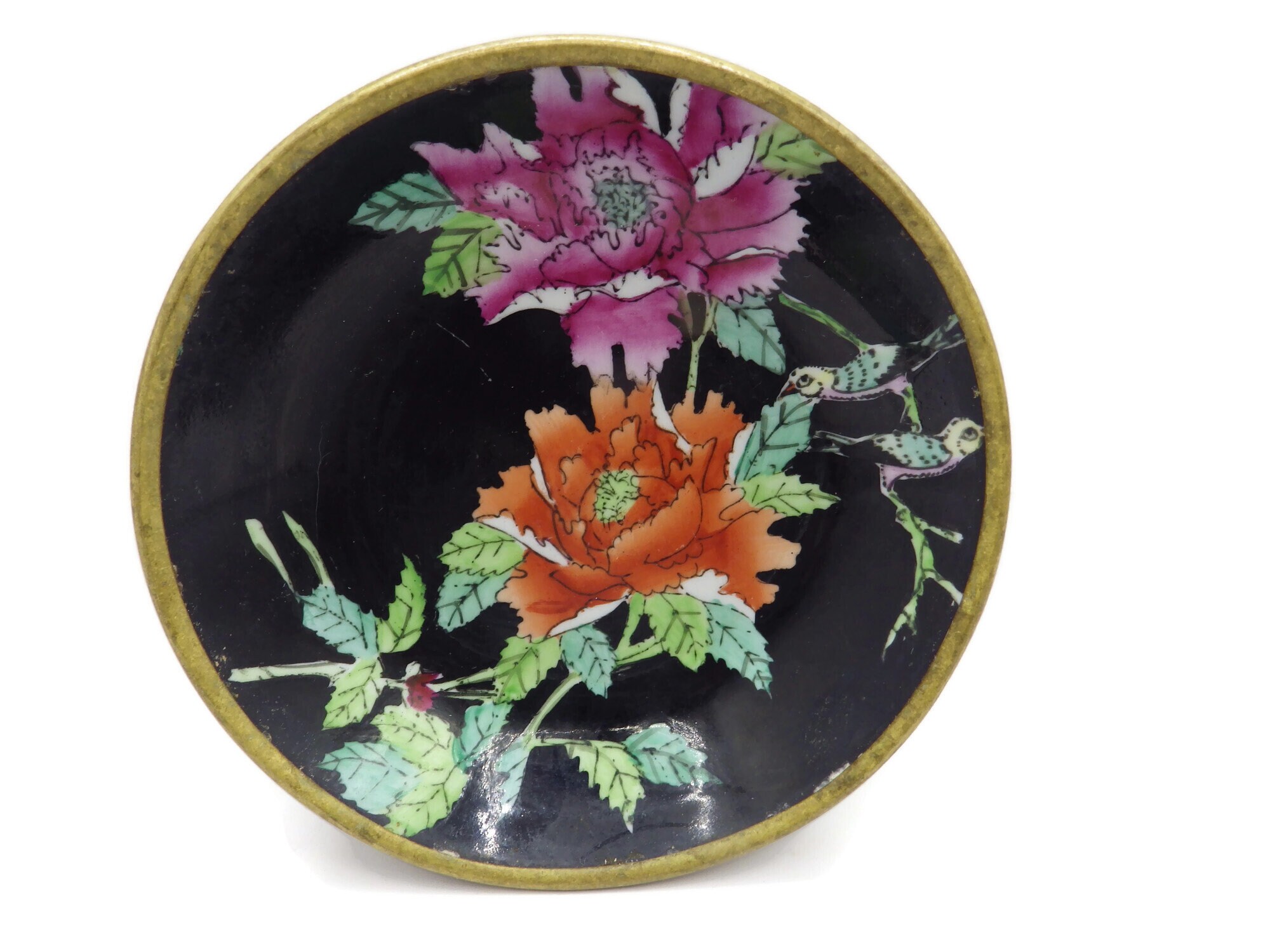 Mid Century Small Asian Decorative Dish/ Bowl/ Black & Floral