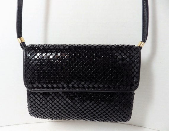 1990s Vintage Whiting & Davis Black Metal Mesh Shoulder Bag 