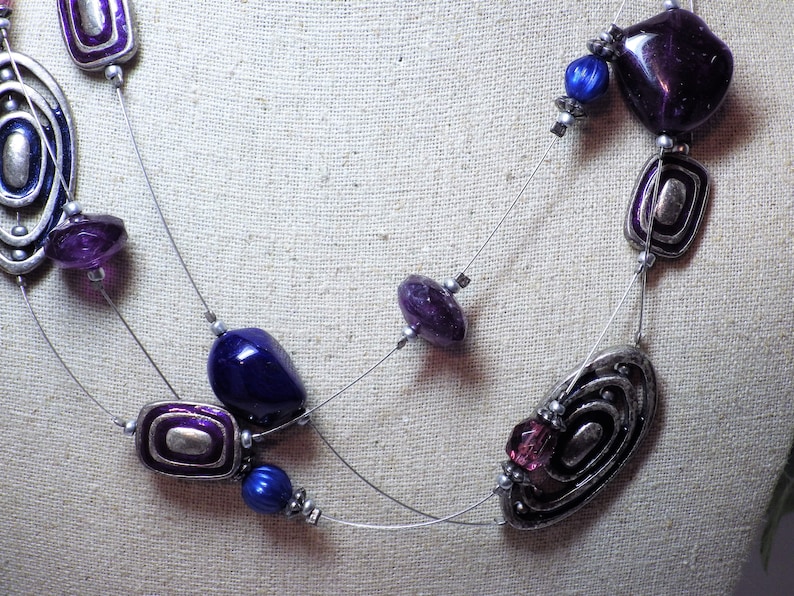 Vintage Illusion Necklace Silver Tone with Royal Blue /& Purple Beads 20