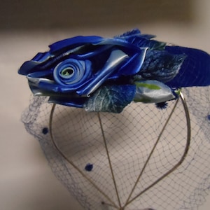 1960s Fascinator Demi Chapeau Whimsy Vintage Sixties  Blue Velvet with Silk Flower and Veil