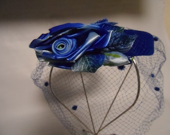 1960s Fascinator Demi Chapeau Whimsy Vintage Sixties  Blue Velvet with Silk Flower and Veil