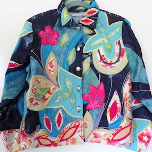 1990s Gorgeous Drapers & Damon&#39;s Applique Jacket Bold Floral Design Size PM