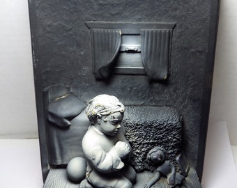 1965 Creative Arts Wall Plaque Little Girl Praying Black Plaster of Paris "Bedtime Girl" by White