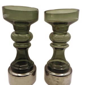 Ne2 MCM Smoked Glass Pillar Candle Holders/Danish Modern/ Silver Flashed Base