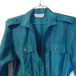 1970s Vintage Jumpsuit Saint Germain Paris Front Zip Epaulets Jade Green Pockets Size image 5
