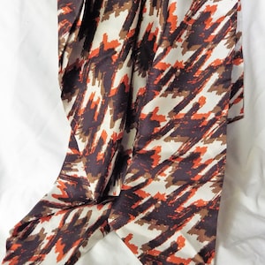 1980s Silk Scarf Stole Sash Brown Orange Tan White 16&quot; X 80&quot; Abstract Houndstooth Pattern