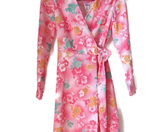 1970s Mod Wrap Dress Mod Flowers Pink Double Knit Polyester Size 8