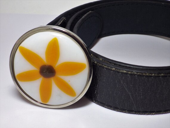 Vintage Italian Leather Black Belt Enameled Flower Buckle Size