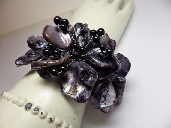 1990s Artist Made Bracelet Gray Black Floral Hand… - image 6