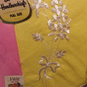 1950s Vintage Cotton Handkerchiefs Pink and Yellow Embroidered Mint in Box Fruit of the Loom image 3