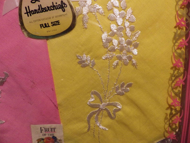 1950s Vintage Cotton Handkerchiefs Pink and Yellow Embroidered Mint in Box Fruit of the Loom image 3