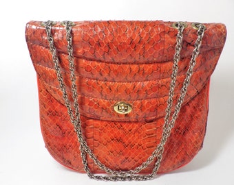 1960s Vintage Orange Snakeskin Convertible Hand Bag Shoulder Bag