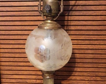 Vintage Boudoir Table Lamp/ Brass Column/ Frosted and Etched Glass Ball/ Marble Base