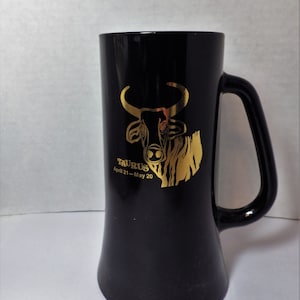 Vintage Black Glass Tall Mug/ Taurus Zodiac Bull/ April 21- May 20/ Birthday