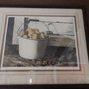 Signed/ Numbered/ Bernie Horton Print/ Framed/ Pears on Farm Bucket/ 28/750/ Wood Frame