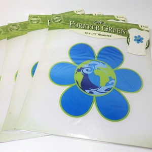 New (4) Forever Green Soy-Ink Transfers T-shirts Bags Earth and Blue Flower