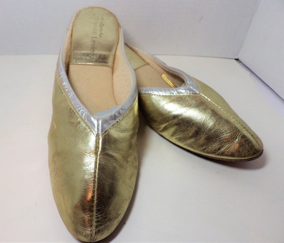 1980s Vintage Leather Slippers Mules Metallic Gold