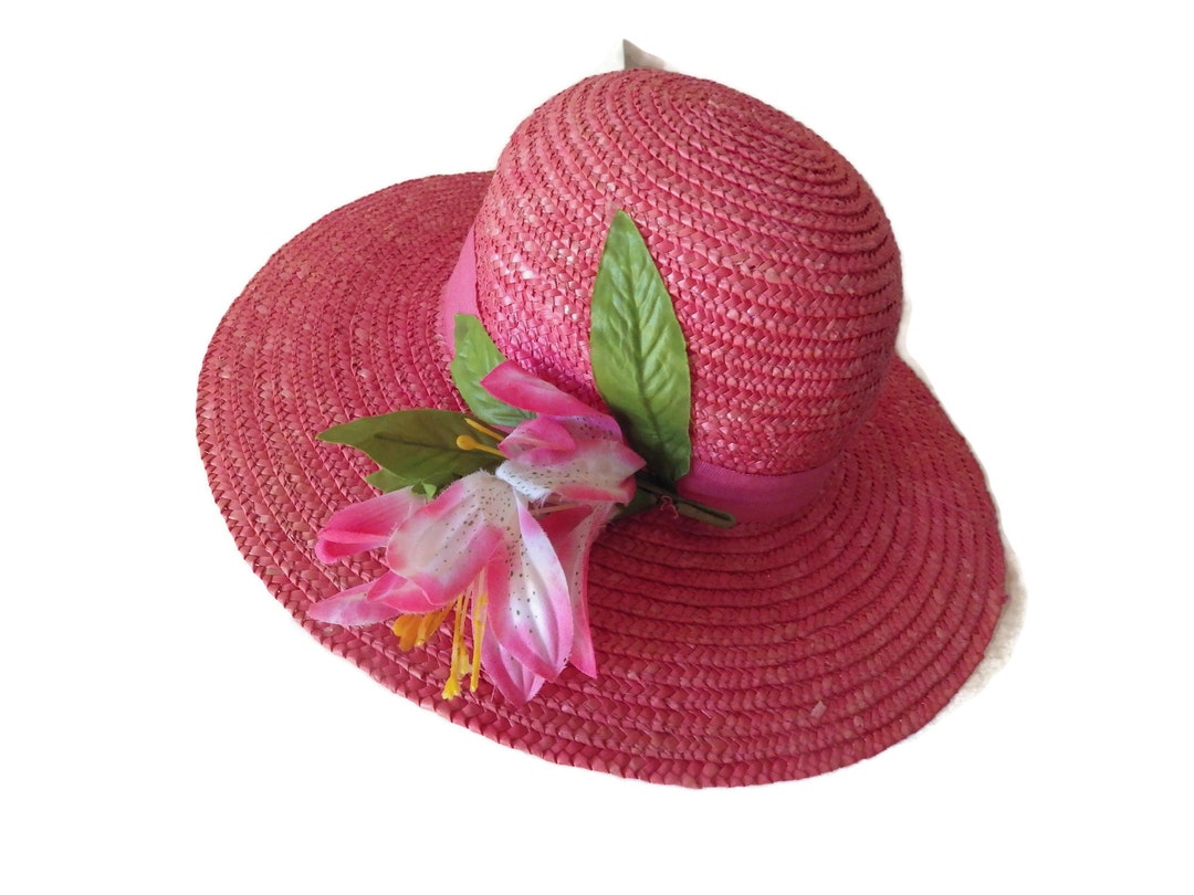 Pink Straw Hat/ Wide Brim/ Pink Flowers/ 20