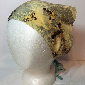 Vintage Head Scarf Yellow Silk Triangle with Ties Birds and Metal Studs