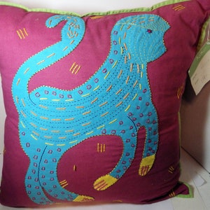 Vintage Monkey Pillow by KOKO Appliqued Cotton Blue Gold Green Raspberry NWT Old Stock