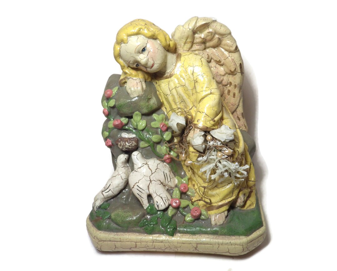 Figurine Ange Avec Roses Et Colombes - 14 Cm De Haut, En Polyrésine Peinte à La Main, Décoration Blanche - 9