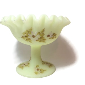 Vintage FENTON/ Custard/ Satin Glass/ Footed Compote/ Hand Painted/ Signed AJ Knopp