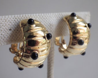 1980s VOGUE BIJOUX Earrings Clip On Half Hoops Gold Washed Black Stones