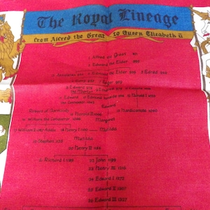 Vintage Irish Linen Tea Towel: Royal Lineage, Alfred to Elizabeth II