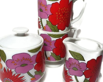 Juego de té vintage de los años 60 con diseño de flores: azucarero, jarro y tazas