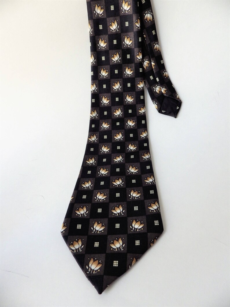 1980s Vintage Luigi Valentino Necktie Tie Silk Black Gray Gold Cream Lotus Flowers