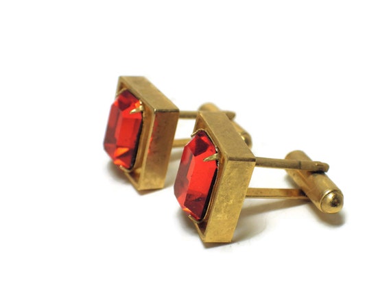 Vintage Cufflinks Emerald Cut Orange "Gems" Gold … - image 3