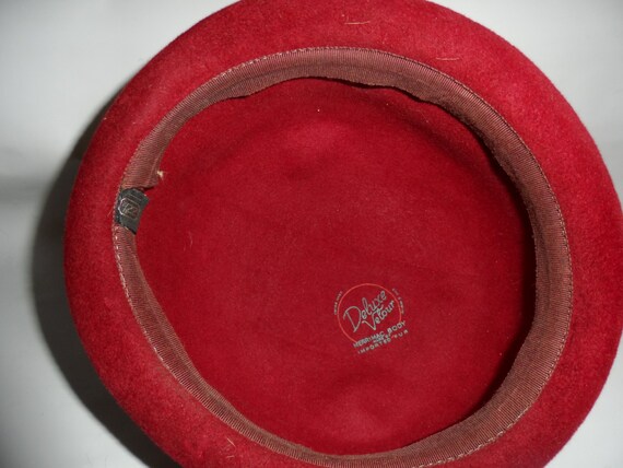 1960s Vintage Red Wool Deluxe Velour Hat Wide Fea… - image 4