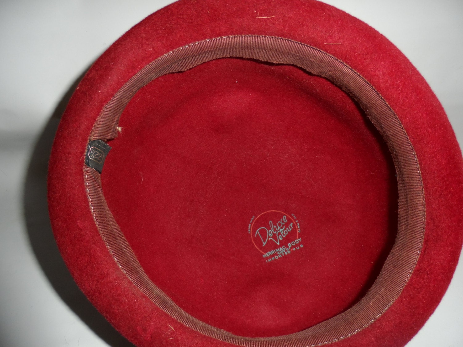 Vtg 50s Rockabilly Feather Band Wide Brim Felt Wool Velour Hat Red Womens 23\