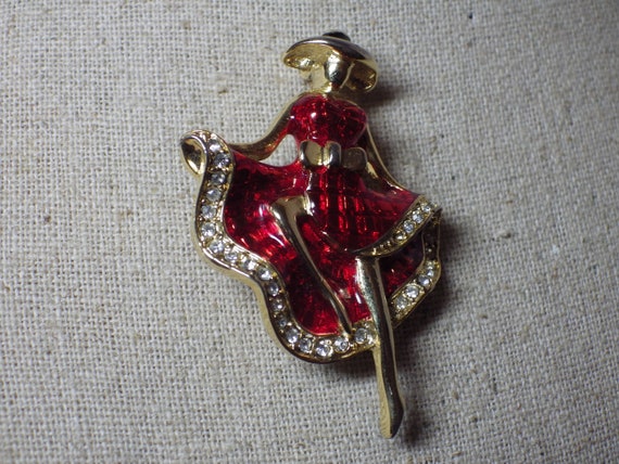 Vintage Pin Brooch Woman Dancer Red Enamel Rhines… - image 4