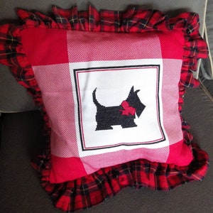 Vintage Cross Stitch Scottie Throw Pillow Cover/ Scottish Terrier/ Red Flannel Plaid/ Christmas