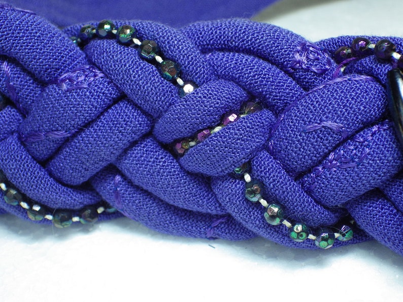 1970s Vintage Belt Braided Beaded Purple Fabric Adjustable Hook and Loop