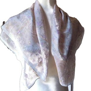 Vintage Silk Scarf/ Palest Floral/ Yellow/ Purple Gray/ Rolled Hem/ 30 X 30
