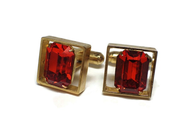 Vintage Cufflinks Emerald Cut Orange "Gems" Gold … - image 4