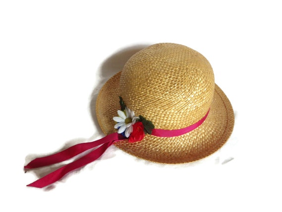 Adorable Girl's Easter Bonnet Straw Hat Ribbon Flowers Made in England