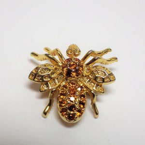 1990s Vintage Fly Bug Bee Pin Pendant Brooch Gold Tone with Faceted Orange Stones