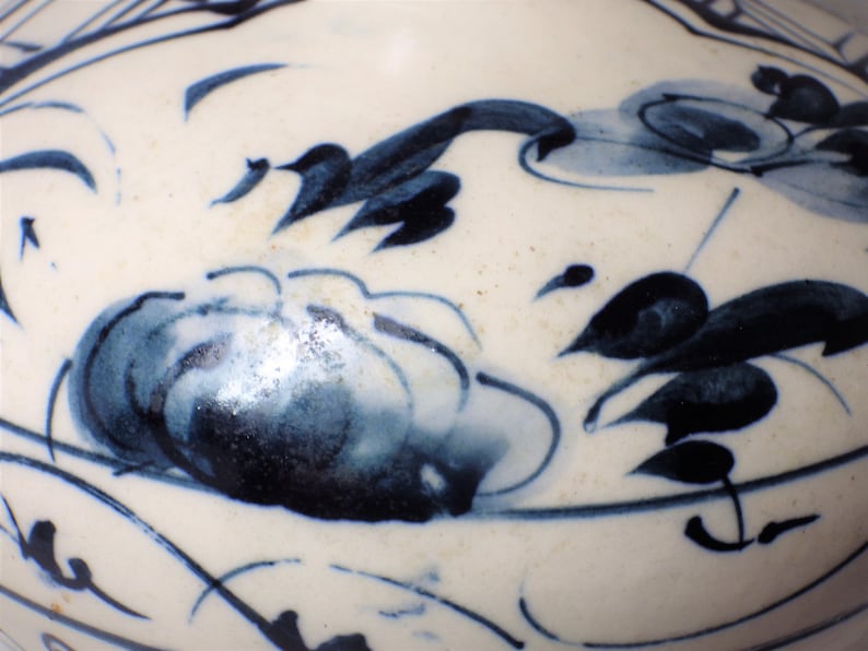 1980s Vintage Hand Painted Asian Vase Pottery Dragonfly Blue on White