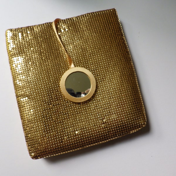 1990s Vintage Valerie Stevens Metal Gold Mesh Bag Clutch with Mirror Evening Bag