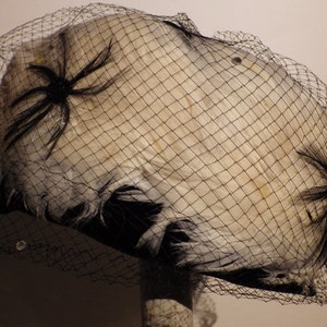 1950s Vintage Modern Miss Pillbox Hat White Feathers Black Accents & Veil Rhinestone Union Made