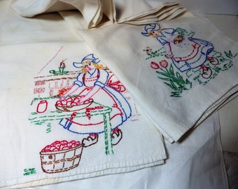Two (2) Vintage Feedsack Dish Towel Embroidered Kitchen Large Cotton 34" X 34"