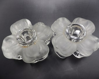 Two 1940s Colony Glass/ Dogwood Flower Candle Holders/ Clear and Frosted/ Taper