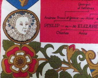 Vintage Irish Linen Tea Towel: Royal Lineage, Alfred to Elizabeth II