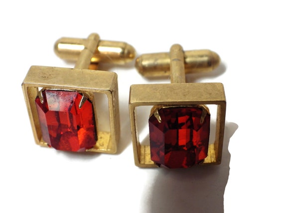 Vintage Cufflinks Emerald Cut Orange "Gems" Gold … - image 2